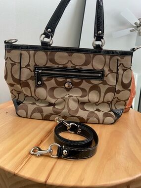 Coach Brown Signature Canvas Shoulder Bag with Black Trim